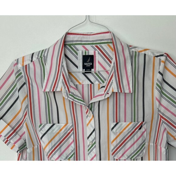 Nautica Jeans Women Striped Short Sleeve Button-Up Blouse Size L - Picture 4 of 7